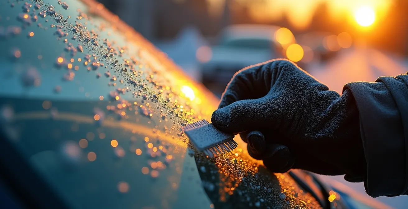 Main grattant le givre sur un pare-brise au lever du soleil