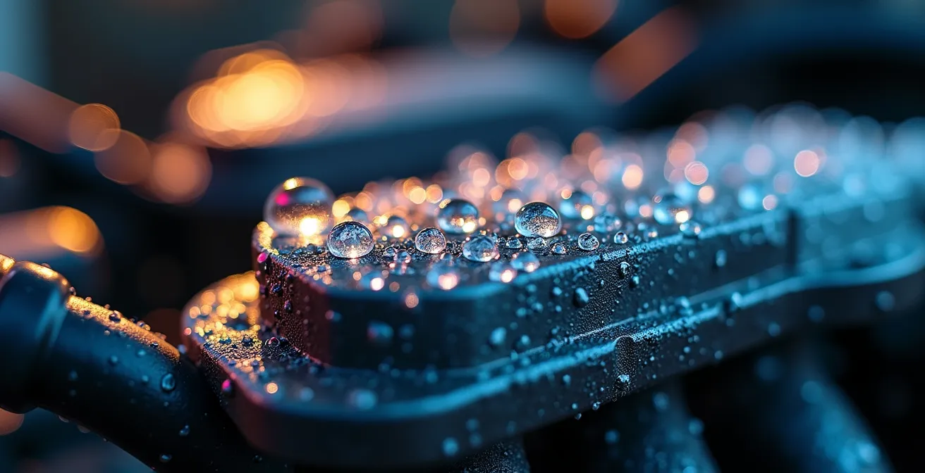Détail macro de gouttelettes de condensation sur des composants métalliques froids du moteur