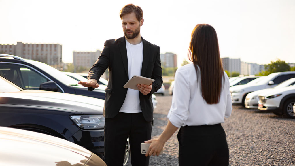 Expert automobile diplômé d'État en discussion avec un automobiliste devant véhicule accidenté
