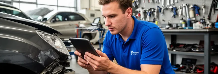 Expert automobile inspectant un véhicule endommagé dans un atelier professionnel à Nouméa