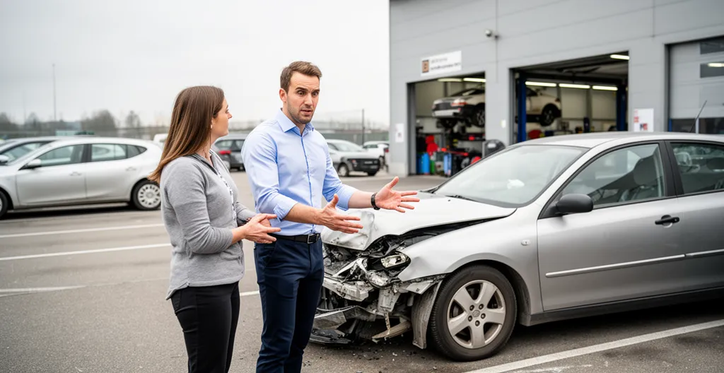 Expert automobile diplômé d'État en discussion avec un automobiliste devant véhicule accidenté