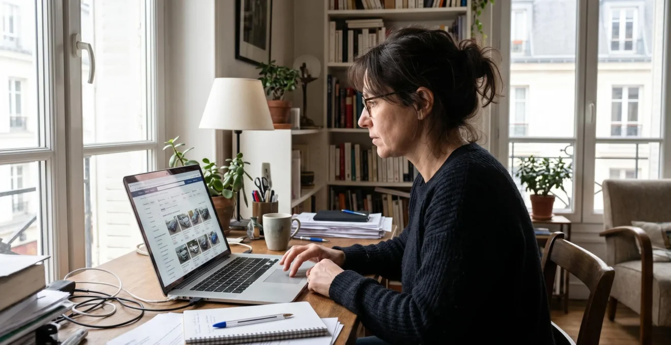Personne de profil consultant des annonces de voitures d'occasion sur un ordinateur portable dans un intérieur domestique contemporain