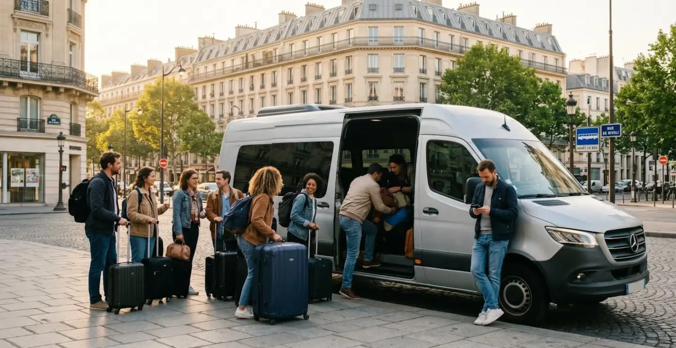 Groupe de huit personnes chargeant bagages dans minibus blanc stationné rue parisienne typique avec immeubles haussmanniens en arrière-plan, lumière matinale naturelle