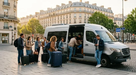 Groupe de huit personnes chargeant bagages dans minibus blanc stationné rue parisienne typique avec immeubles haussmanniens en arrière-plan, lumière matinale naturelle