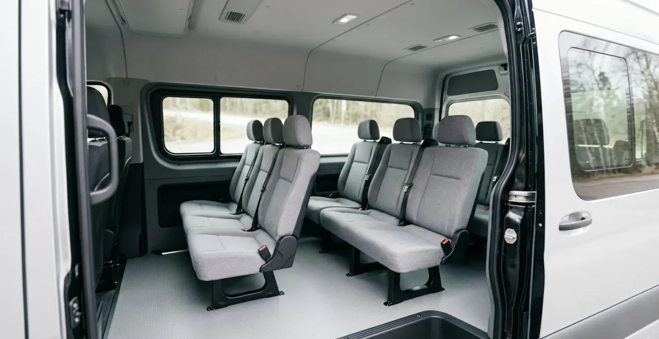 Intérieur minibus moderne montrant double rangée sièges passagers gris, plancher dégagé et fenêtres latérales laissant entrer lumière naturelle