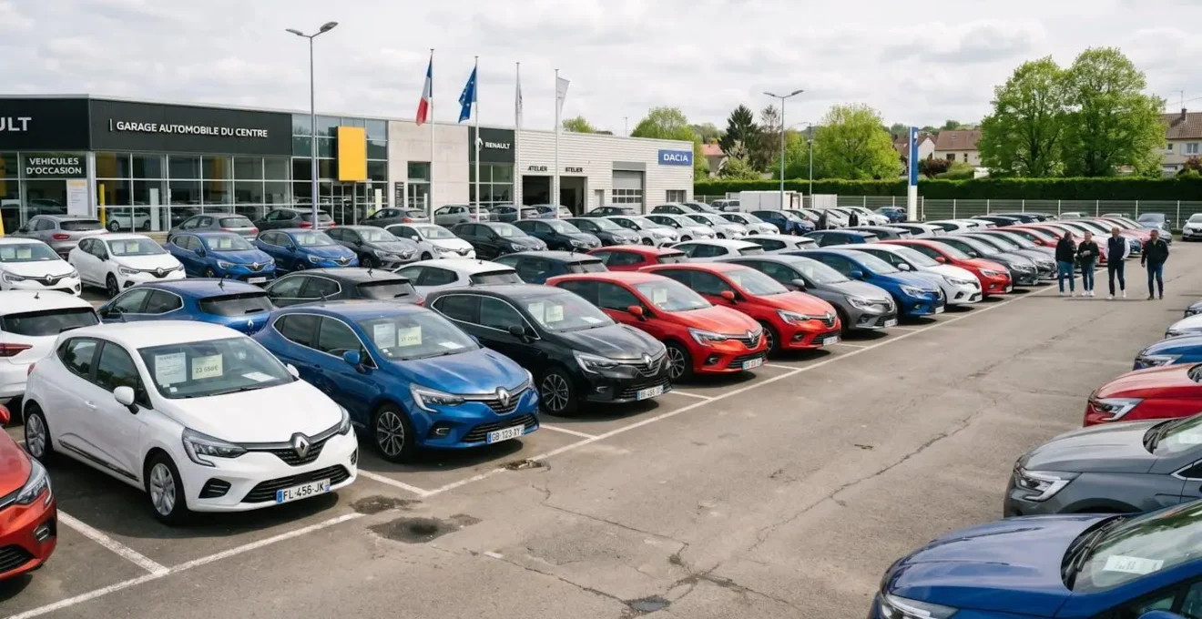Plusieurs Renault Clio 5 d'occasion garées côte à côte sur un parking de concession automobile française