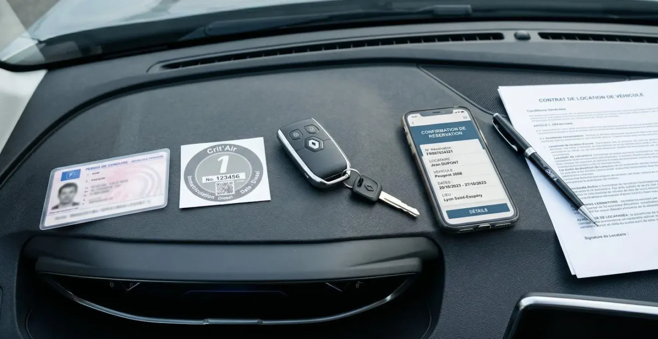 Vue de dessus tableau de bord avec permis de conduire français, vignette Crit'Air, clés véhicule, smartphone et documents location disposés horizontalement